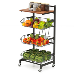 Costway 3 Shelf Height Adjustable Kitchen Storage Cart with Wheels and Removable Baskets - Size: 39 x 31 x 88cm - Black - Wilko - thumbnail 4