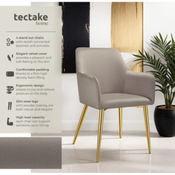 tectake Avane Set of 4 Taupe Velvet Look Padded Dining Chair - Grey - Wilko - thumbnail 4