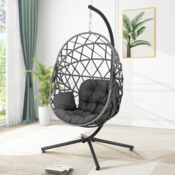 Living and Home Black Densely Woven Rattan Hanging Egg Chair - Size: 203 x 100 x 90cm - Wilko - thumbnail 1