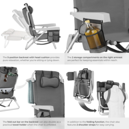 tectake Coral Set of 2 Grey Foldable Beach Chair with Backpack - Size: 78 x 63 x 101cm - Wilko - thumbnail 6