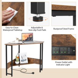 Costway 9-degree Triangle Computer Desk with Power Outlet Rustic Brown - Size: 72 x 72 x 76cm - Wilko - thumbnail 6