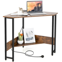 Costway 9-degree Triangle Computer Desk with Power Outlet Rustic Brown - Size: 72 x 72 x 76cm - Wilko - thumbnail 3