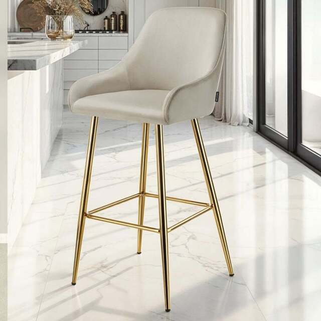 tectake Avane Velvet Bar Stool with Backrest Set of 4 - Cream - Wilko
