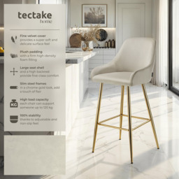 tectake Avane Velvet Bar Stool with Backrest Set of 4 - Cream - Wilko - thumbnail 7