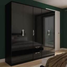 Crowndale Camden 5 Door 2 Drawer Black Gloss and Black Wardrobe Ready Assembled - Black Gloss & Black - Wilko