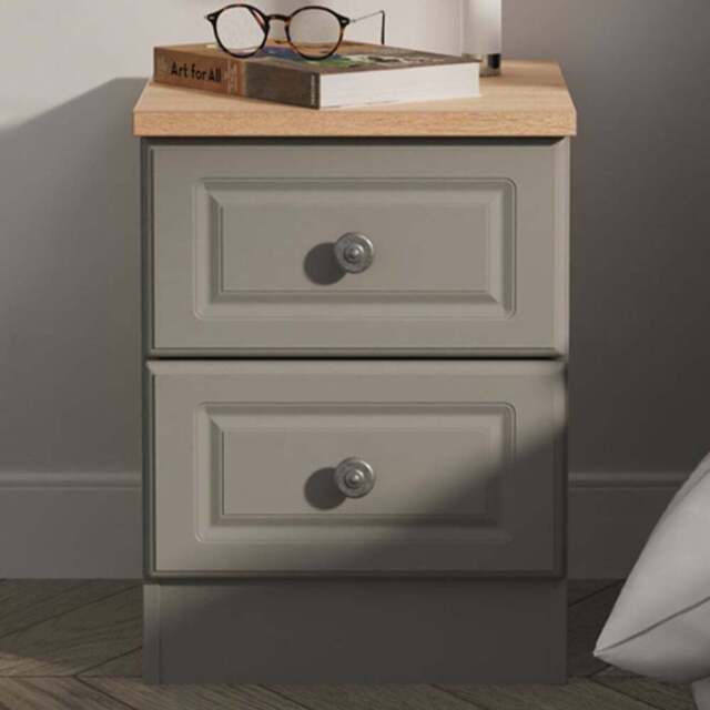 Crowndale Norfolk 2 Drawer Dusk Grey and Bardolino Oak Compact Bedside Cabinet Ready Assembled - Dusk Grey & Bardolino Oak - Wilko - image 1