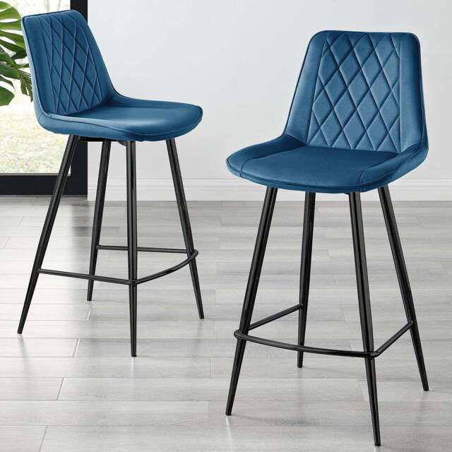 Furniturebox Cesano Navy Velvet Black Legs Counter Stools Set of 2 - Blue - Wilko - image 1