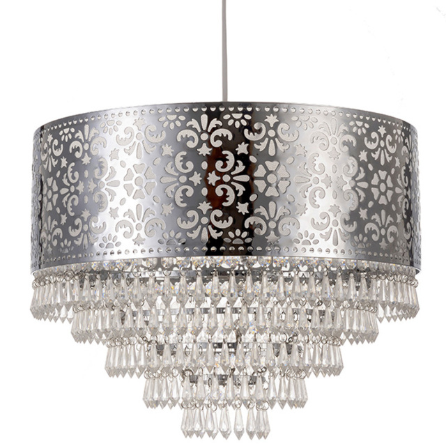 Kliving Chrome Cutout Drum Shade Acrylic Clear Beaded Tiered Chandelier Pendant Light - Size: 28 x 36 x 36cm - Silver - Wilko - image 1
