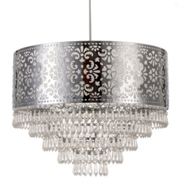 Kliving Chrome Cutout Drum Shade Acrylic Clear Beaded Tiered Chandelier Pendant Light - Size: 28 x 36 x 36cm - Silver - Wilko