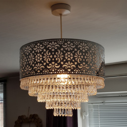 Kliving Chrome Cutout Drum Shade Acrylic Clear Beaded Tiered Chandelier Pendant Light - Size: 28 x 36 x 36cm - Silver - Wilko - thumbnail 3