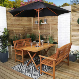 Samuel Alexander Wooden 4 Seater Folding Rectangular Garden Dining Bench Set with Black Parasol - Brown - Wilko - thumbnail 1
