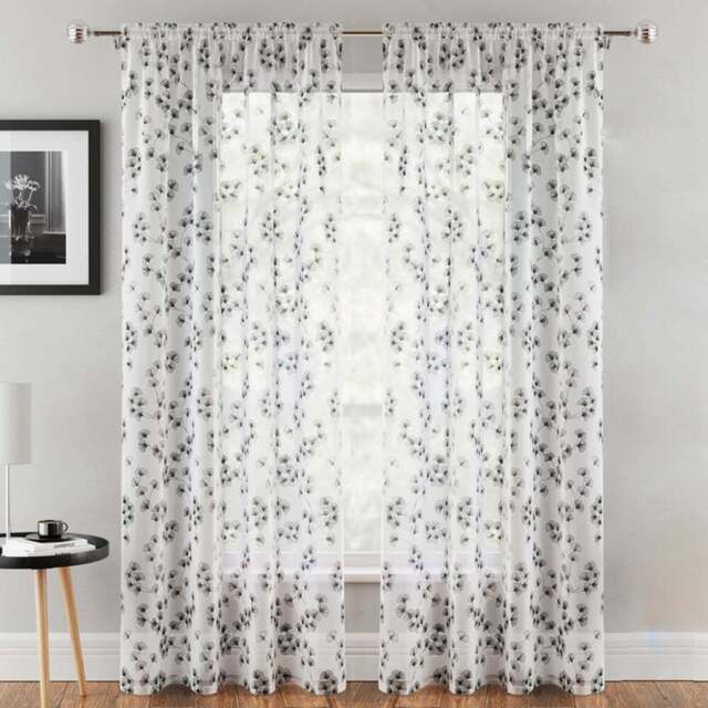 Tyrone Textiles Delila Black Trail Leaf Print Sheer Voile Panel Curtain 140 x 183cm - Size: 183 x 140 x 1cm - Wilko - image 1
