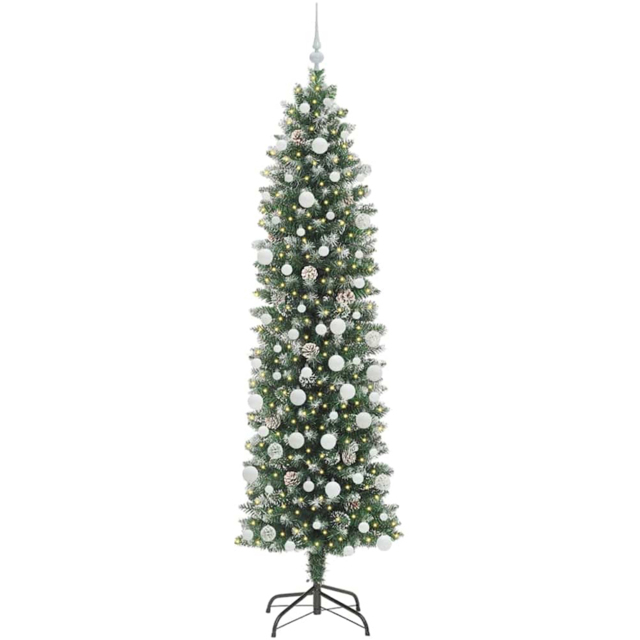vidaXL Pre-Lit Warm White LED and White Baubles Green Slim Artificial Christmas Tree 6.8ft - Wilko - image 1