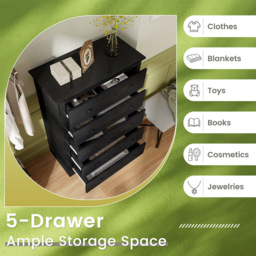 Costway 5 Drawer Black Wooden Chest of Drawer - Wilko - thumbnail 6