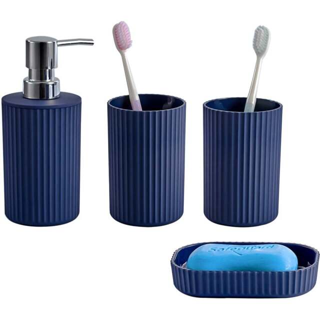 Innoteck Essentials 4 Piece Matt Blue Dish Dispenser and Tumbler Bathroom Accessory Set - Size: 6.5 x 16 x 8cm - Wilko - image 1