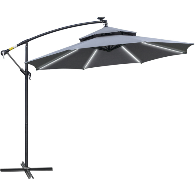 Outsunny Grey Solar LED Crank Handle Cantilever Banana Parasol with Cross Base 3m - Wilko - image 1