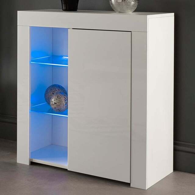 MMT Furniture Designs Single Door 3 Shelf Matt Gloss White Modern Sideboard with LED - Size: 83 x 35 x 35cm - Wilko - image 1