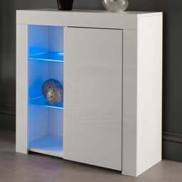 MMT Furniture Designs Single Door 3 Shelf Matt Gloss White Modern Sideboard with LED - Size: 83 x 35 x 35cm - Wilko - thumbnail 1