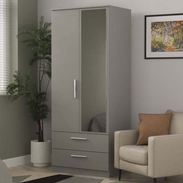 Crowndale Camden 2 Door 2 Drawer Dusk Grey Mirrored Wardrobe Ready Assembled - Wilko - image 1