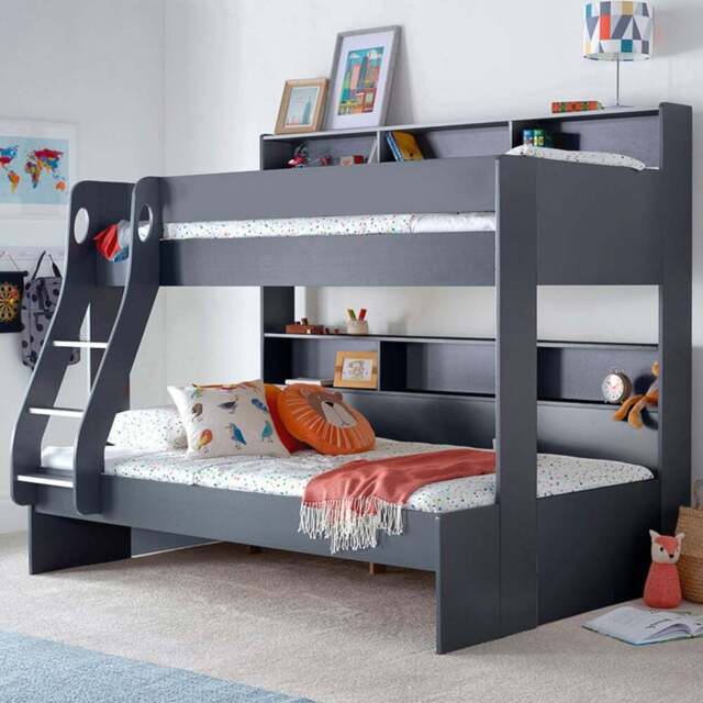 Bedmaster Oliver Triple Sleeper Onyx Grey Bunk Bed with Spring Mattresses - Size: Single + Small Double - Wilko - image 1