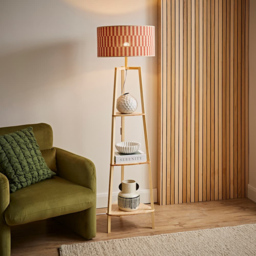 ValueLights Hiru Orange Checkerboard Bamboo Shade Shelf Tripod LED Floor Lamp with Bulb - Size: 158 x 39 x 39cm - Cream - Wilko - thumbnail 4