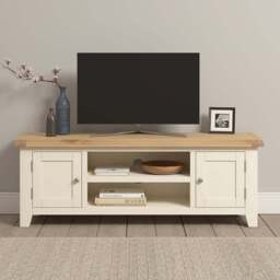 Seconique Windsor 2 Door 2 Shelf Ivory and Oak Straight TV Unit - Size: 50.5 x 140 x 37cm - Ivory/Oak - Wilko - thumbnail 1