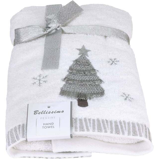 Bellissimo Home Cotton Embroidered Christmas Tree Hand Towel 2 Pack - Size: 60 x 40 x 1cm - White - Wilko - image 1