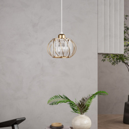 Living and Home Gold Iron Cage Glass Panels E27 Pendant Light - Size: 130 x 20 x 20cm - Wilko - thumbnail 3