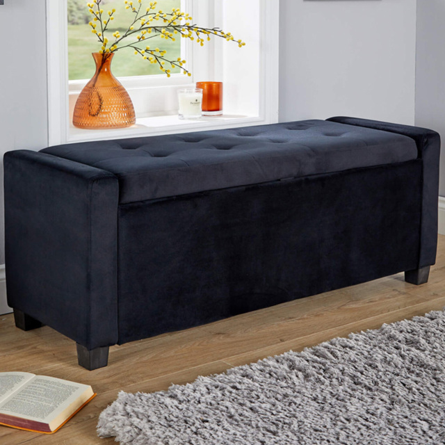 Home Source Verona Black Velvet Storage Ottoman - Size: 42 x 110 x 40cm - Wilko - image 1