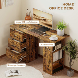 HOMCOM 3 Drawer 3 Shelf Computer Desk Rustic Brown - Size: 72 x 49 x 120cm - Wilko - thumbnail 5