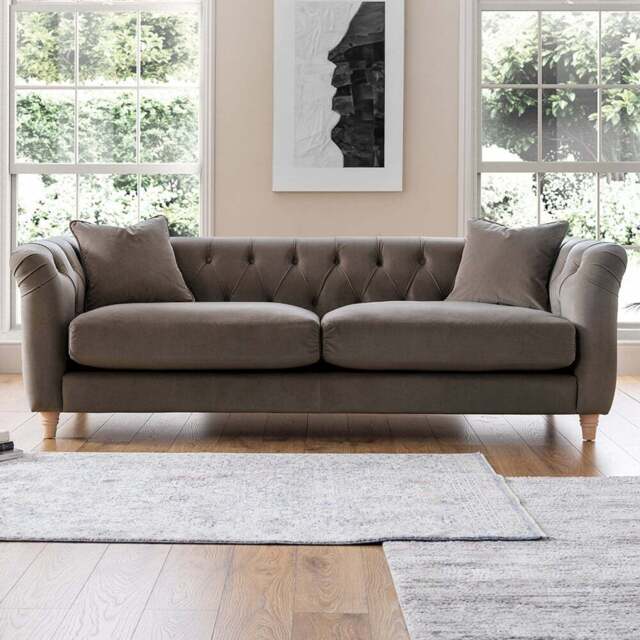 3 Seater Mushroom Velvet Large Sofa - Grey - Sofas Express - Wilko - image 1