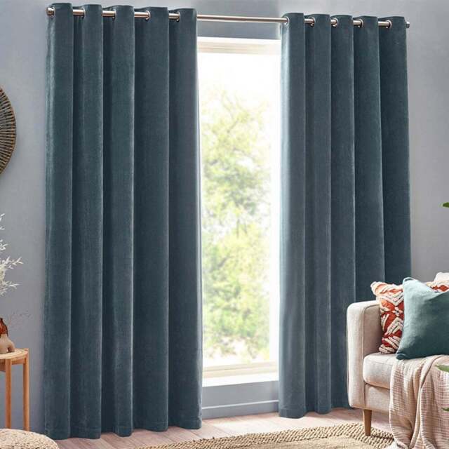 Yard Marine Heavy Chenille Velvet Eyelet Curtain 229 x 137cm - Size: W 137 x D 229cm - Blue - Yard Living - Wilko - image 1