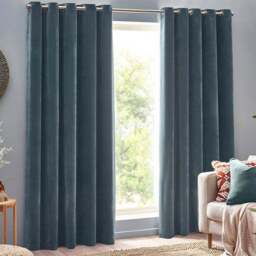 Yard Marine Heavy Chenille Velvet Eyelet Curtain 229 x 137cm - Size: W 137 x D 229cm - Blue - Yard Living - Wilko