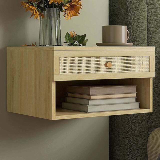 Portland Single Drawer Single Shelf Rattan Floating Nightstand Set of 2 - Brown - Wilko - image 1