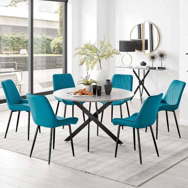 Furniturebox Arona Cesano Concrete Effect 6 Seater Round Dining Set Grey Black and Blue - Wilko - image 1