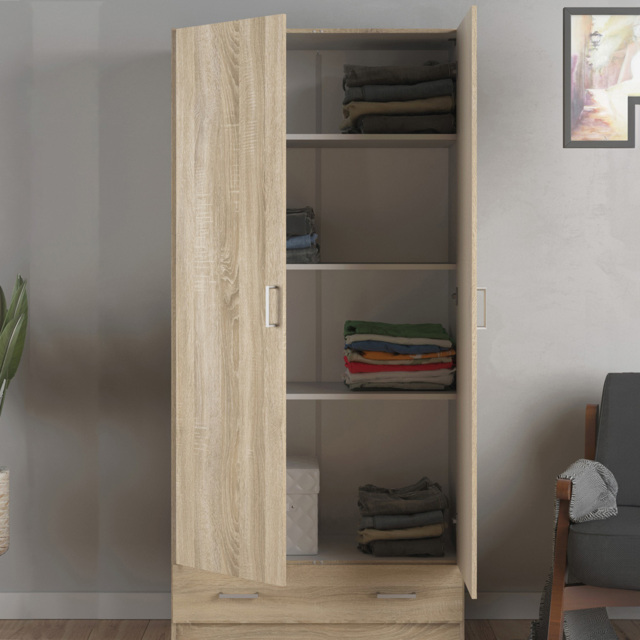 Florence Space Single Drawer 2 Door Oak Wardrobe - Size: 2 Door, Single Drawer - Brown - Furniture To Go - Wilko - image 1