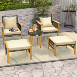 Costway 2 Seater Brown Wicker Woven Chair Set with Ottoman - Wilko - thumbnail 4