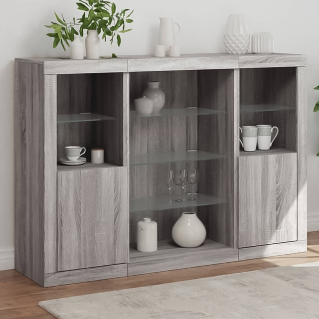 vidaXL 2 Door 12 Shelf Grey Sonoma Wooden Sideboard with LED Lights 3 Piece - Size: 100 x 37 x 142.5cm - Wilko - image 1