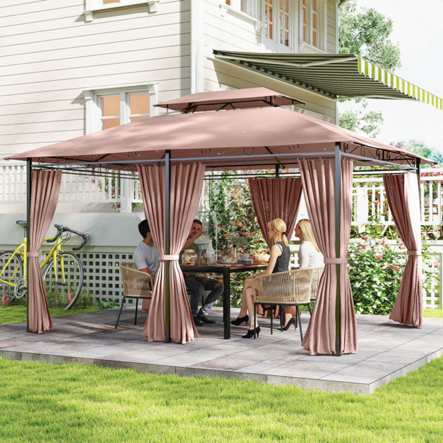 Outsunny 4 x 3m 2-Tier Brown Gazebo Shelter with Curtains - Size: 3 x 4m - Wilko - image 1