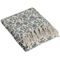 Paoletti Delphine Delph Blue Printed Cotton Throw - Size: 170 x 130cm - Wilko