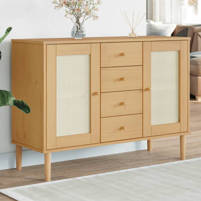 vidaXL Senja 2 Door 4 Drawer Brown Solid Pine Wood Rattan Look Sideboard - Size: 80 x 112 x 40cm - Wilko - image 1