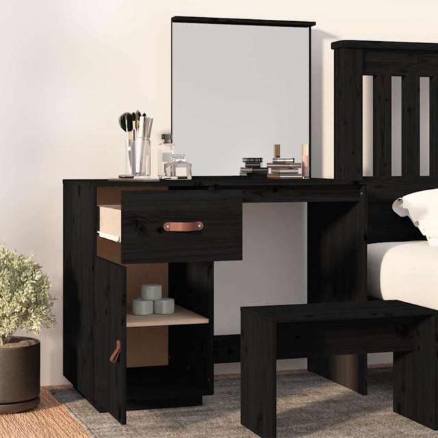 vidaXL Single Door Single Drawer Black Solid Wood Pine Dressing Table with Mirror - Size: 134 x 95 x 50cm - Wilko - image 1