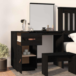 vidaXL Single Door Single Drawer Black Solid Wood Pine Dressing Table with Mirror - Size: 134 x 95 x 50cm - Wilko