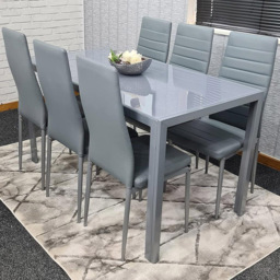 Kosy Koala 6 Seater Glass and Faux Leather Rectangular Dining Set Grey - Portland - Wilko