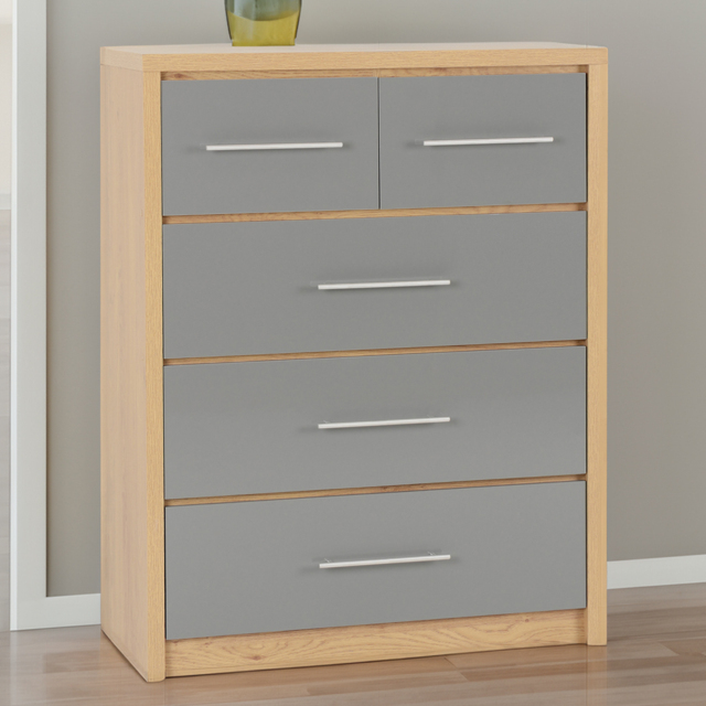 Seconique Seville 5 Drawer Grey Gloss Light Oak Effect Veneer Chest of Drawers - Wilko - image 1