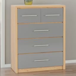 Seconique Seville 5 Drawer Grey Gloss Light Oak Effect Veneer Chest of Drawers - Wilko - thumbnail 1