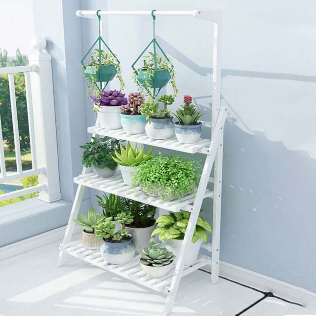 Living and Home 3 Shelf Wooden Foldable Ladder Bookcase with Hanging Rod - Size: 144 x 70 x 50cm - White - Wilko - image 1