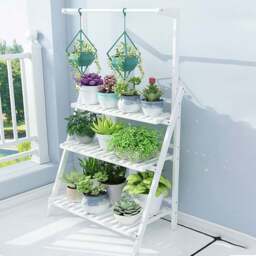 Living and Home 3 Shelf Wooden Foldable Ladder Bookcase with Hanging Rod - Size: 144 x 70 x 50cm - White - Wilko - thumbnail 1