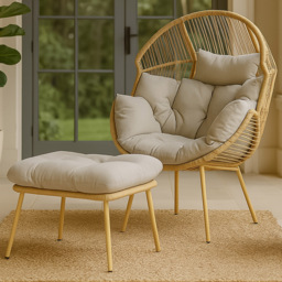 Home Republic Monaco Rattan Cream Lounge Chair with Footstool and Cushion - Size: 65 x 83 x 90cm - Homerepublic - Wilko - thumbnail 1