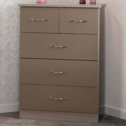 Seconique Nevada 5 Drawer Oyster Gloss and Light Oak Veneer Chest of Drawers - Brown - Wilko - thumbnail 1